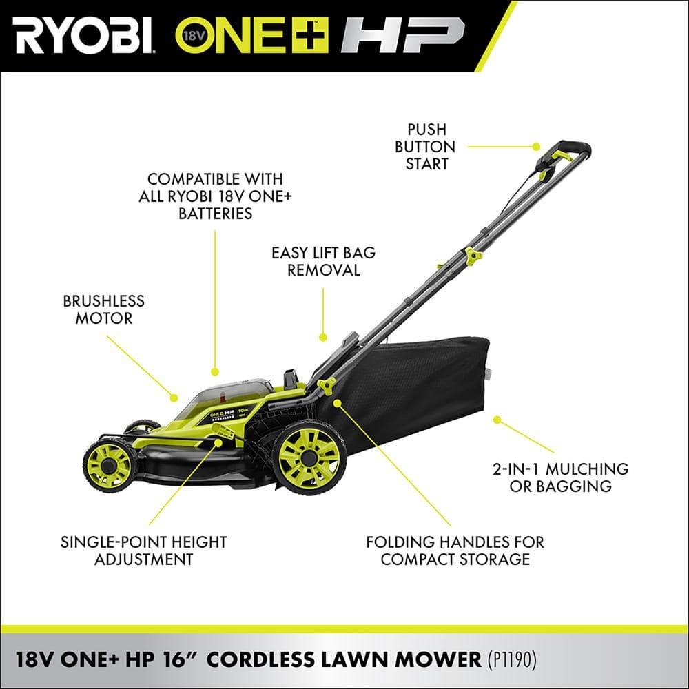 RYOBI ONE HP 18V Brushless Cordless Battery Walk Behind Push Lawn MowerTrimmerBlower with