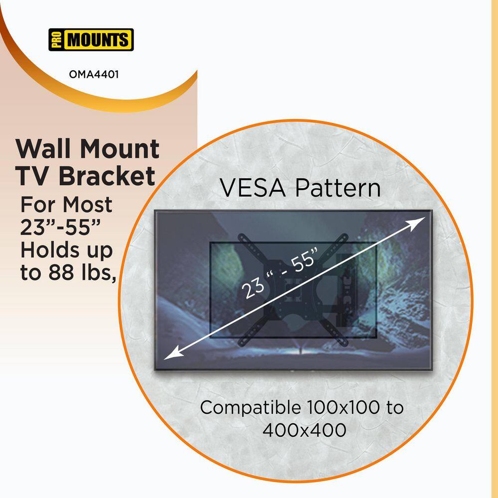 ProMounts Articulating Extending Wall TV Mount for 23-55'' TVs up to 88lbs Fully Assembled Easy Install Low Profile TV Brackets OMA4401