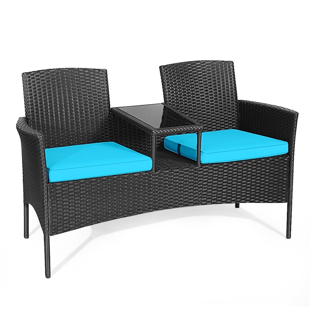 Gymax Rattan Wicker Patio Conversation Set w/ Table Turquoise Cushion   54.5'' x 24'' x 33.5'' (L x W x H)