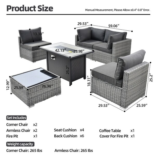 XIZZI Patio Furniture Set 6 Pieces Outdoor Sectional Rattan Sofa with Firepit