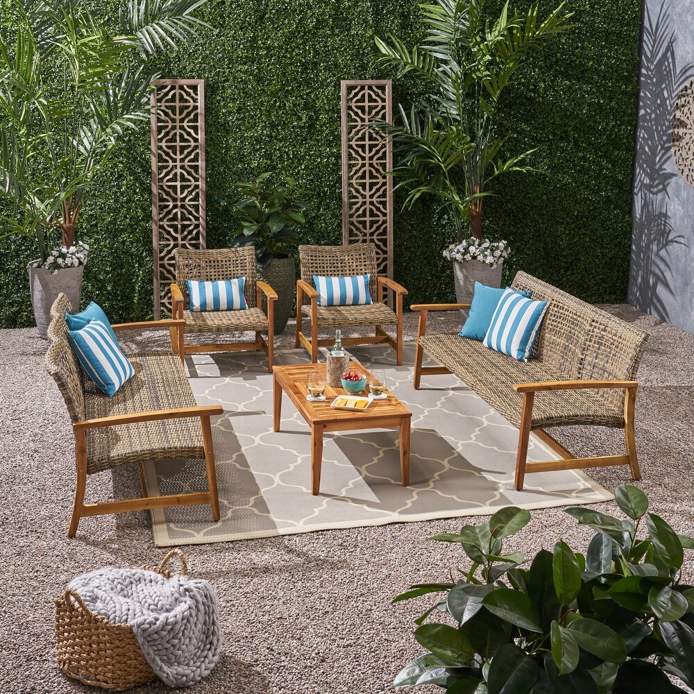 Hampton Outdoor 5 piece Wood and Wicker Sofa Chat Set by Christopher Knight Home