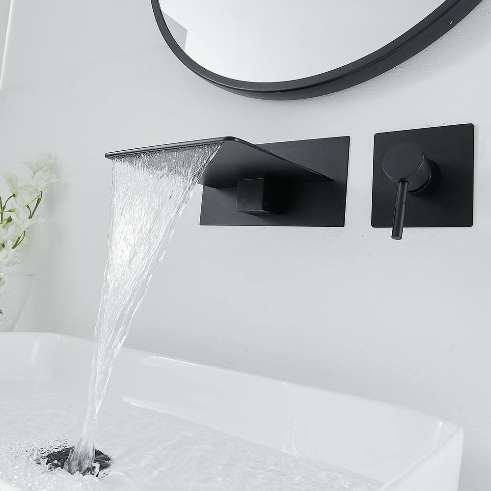 BWE Single Handle Wall Mount Spout Waterfall Bathroom Faucet in Matte Black A-93008-Black