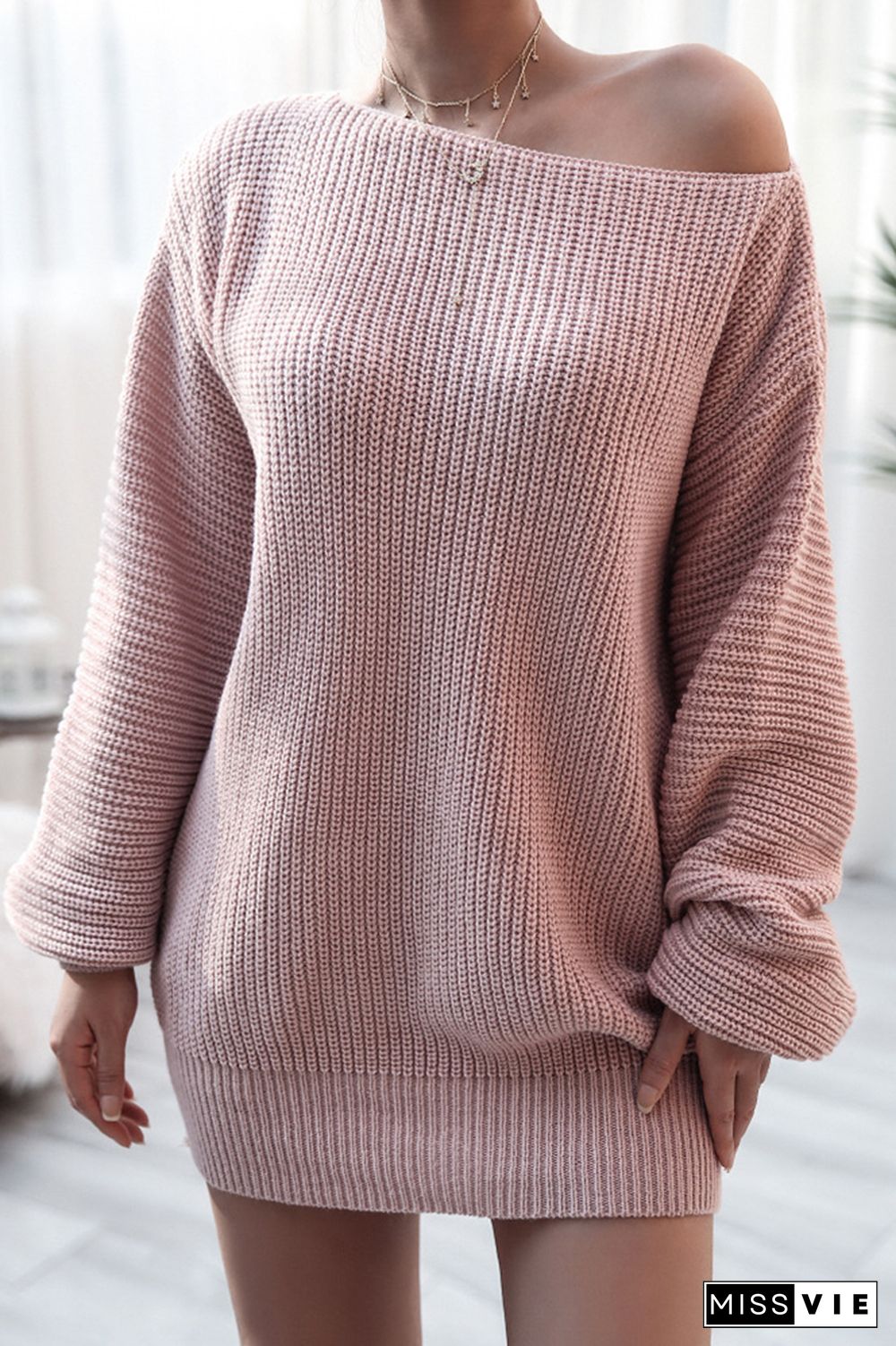 Long Sleeve Knitted Off-shoulder Sweater Dress Women Wholesale