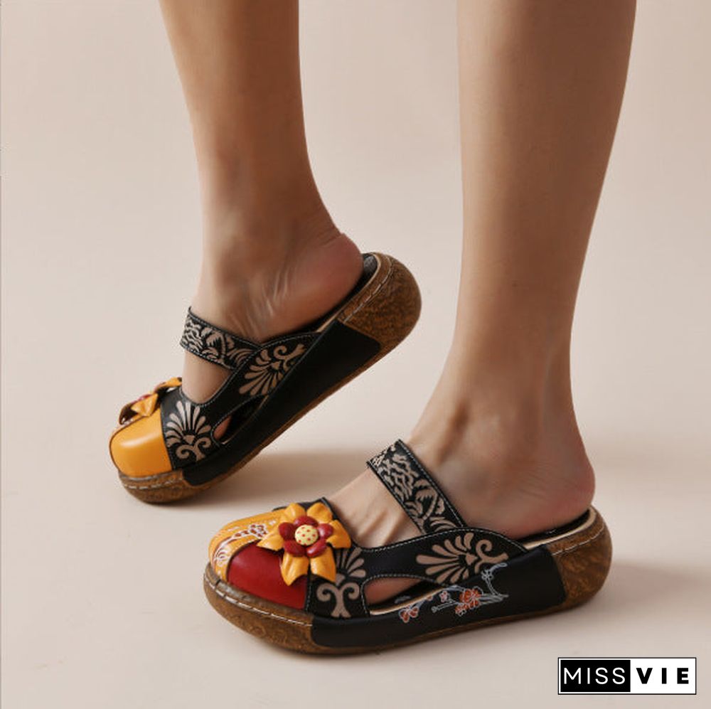 Ethnic Style Thick Heel Casual Flower Handmade Women's Sandals