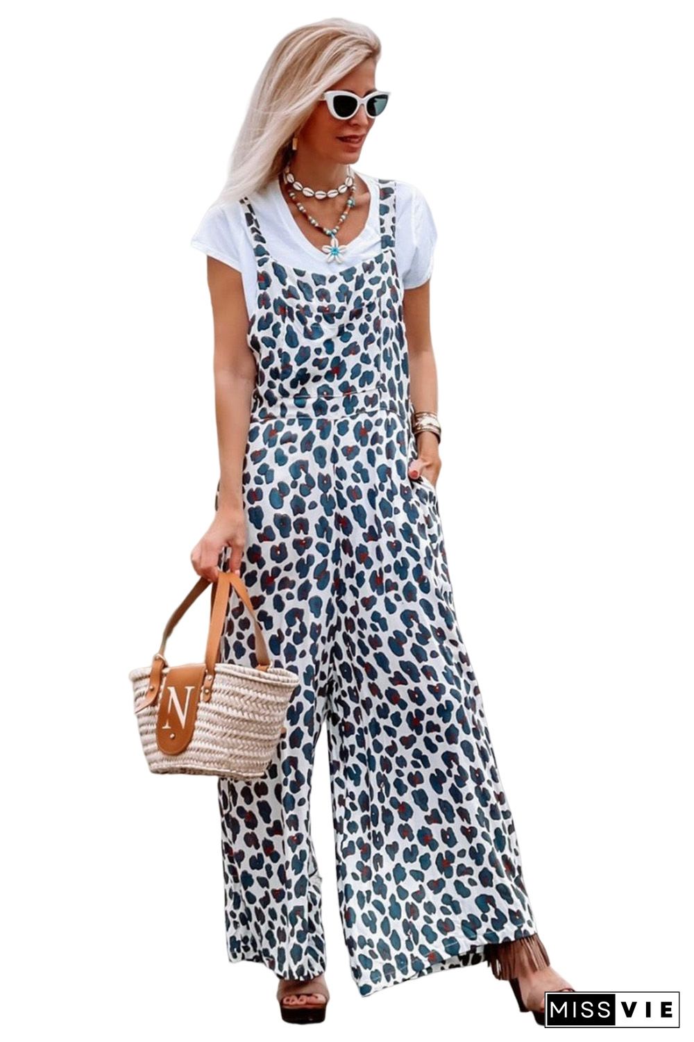 White Wide Leg Leopard Print Jumpsuit Overalls