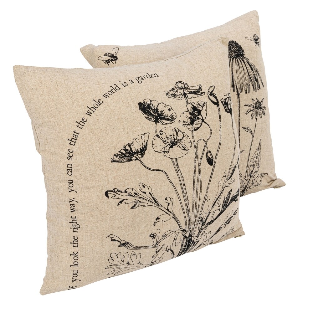 Printed Linen Blend Pillow with Patches and Flower Prints