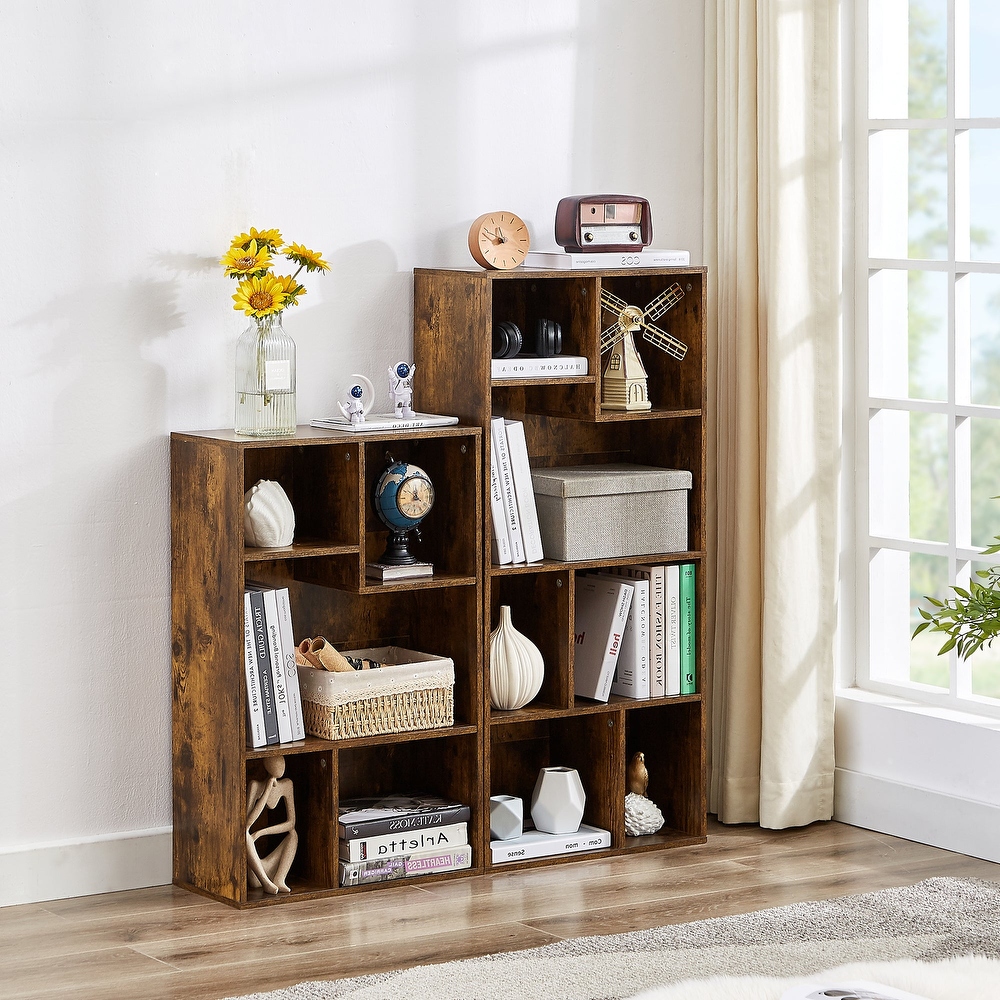 VECELO  Widened Version，(Set of 2)2 Tier Five Open Cube Wooden Bookcase Organizer  Bookshelf
