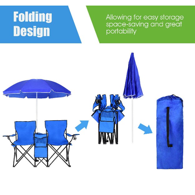 Costway Portable Folding Picnic Double Chair W umbrella Table Cooler Beach Camping Chair