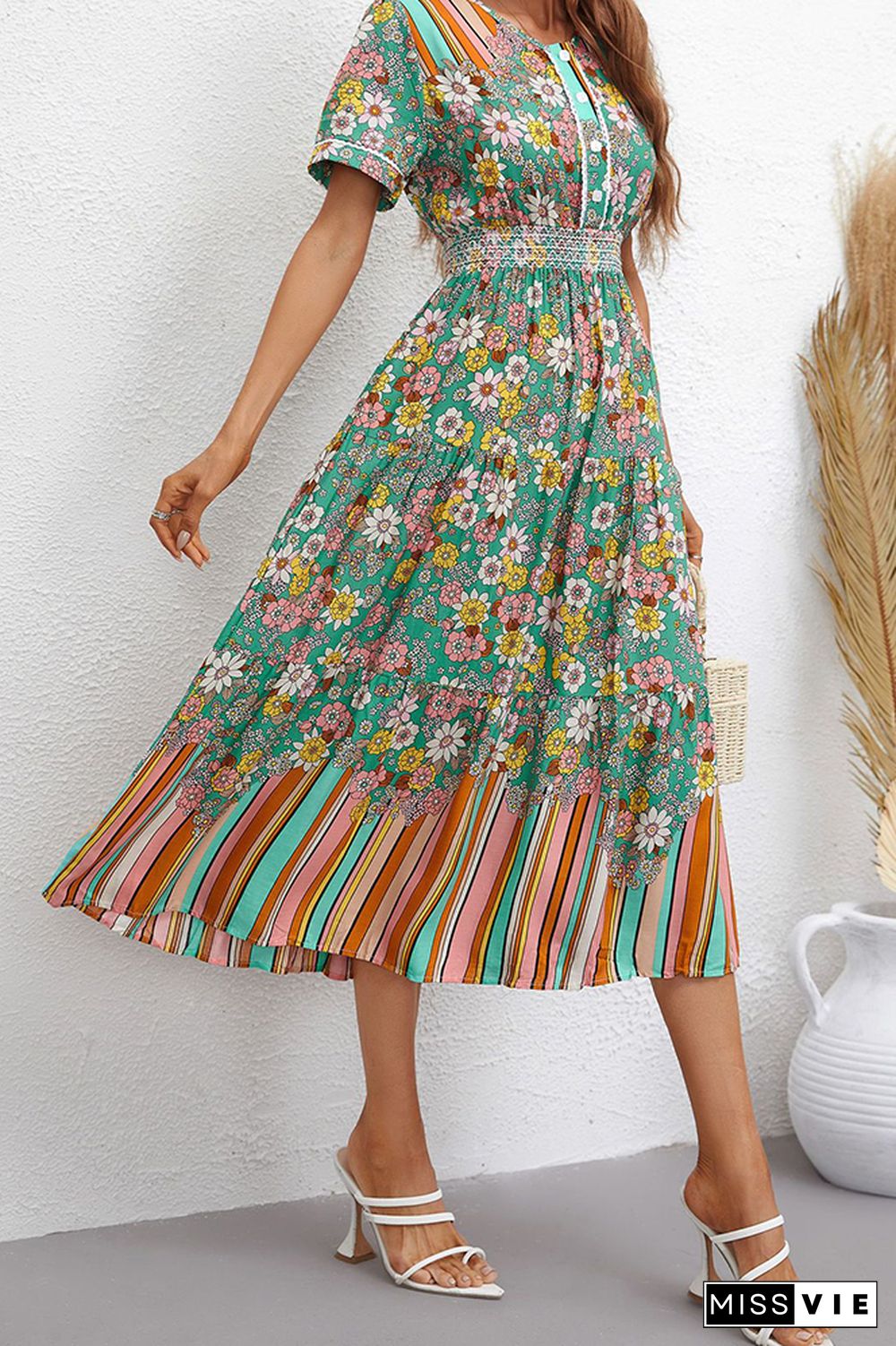 Flower And Stripes Printinig Patchwork Bohemia Dress