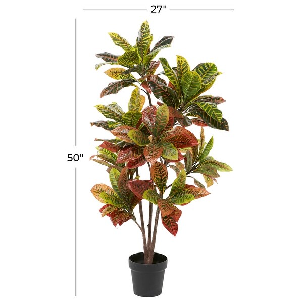 Green Faux Foliage Croton Artificial Plant with Realistic Leaves and Black Plastic Pot