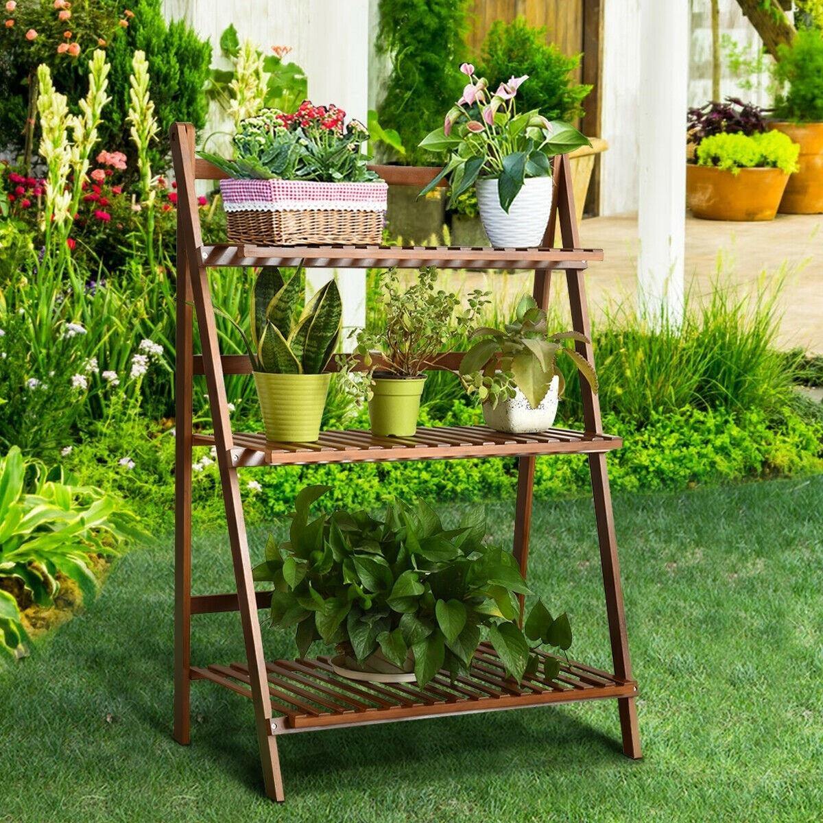 3 Tier Folding Bamboo Plant Stand Organizer Storage Shelving