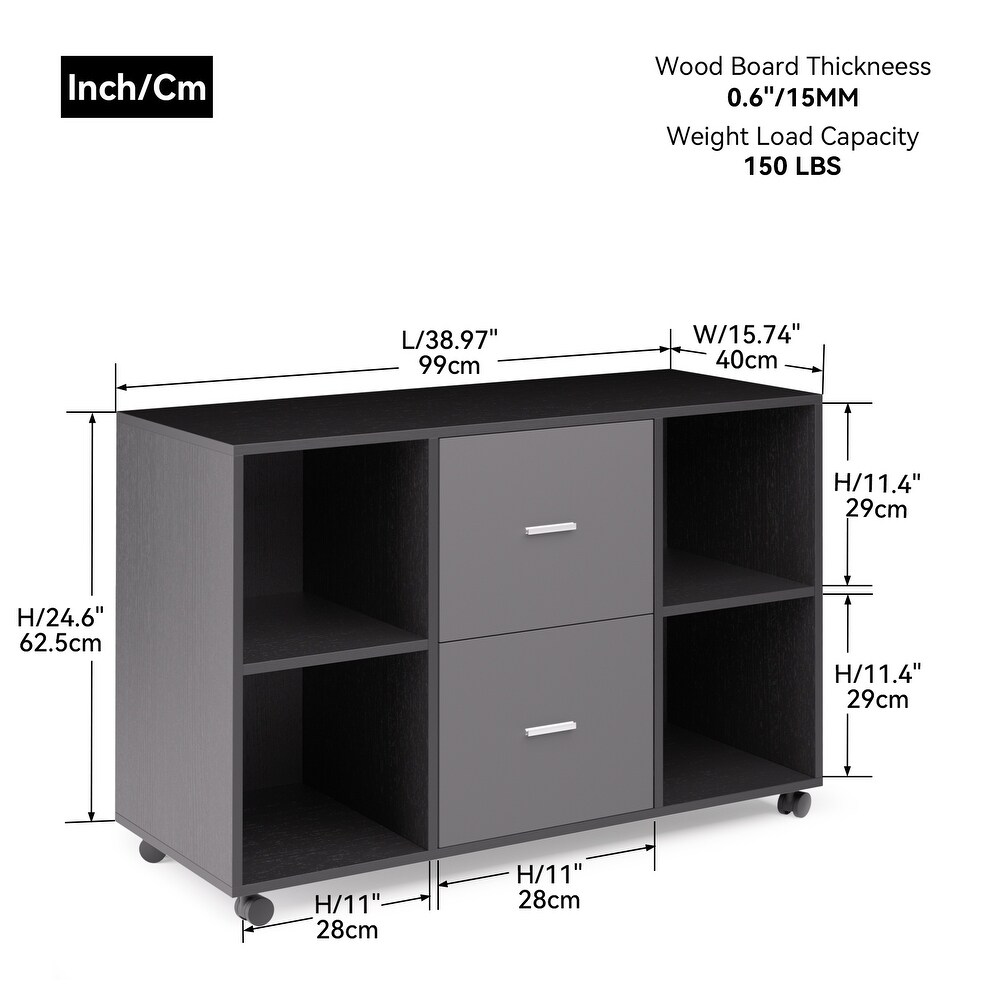 Wooden Filing Cabinet with 2 Drawers and 4 Open Storage Shelves  Equipped with Movable Wheels