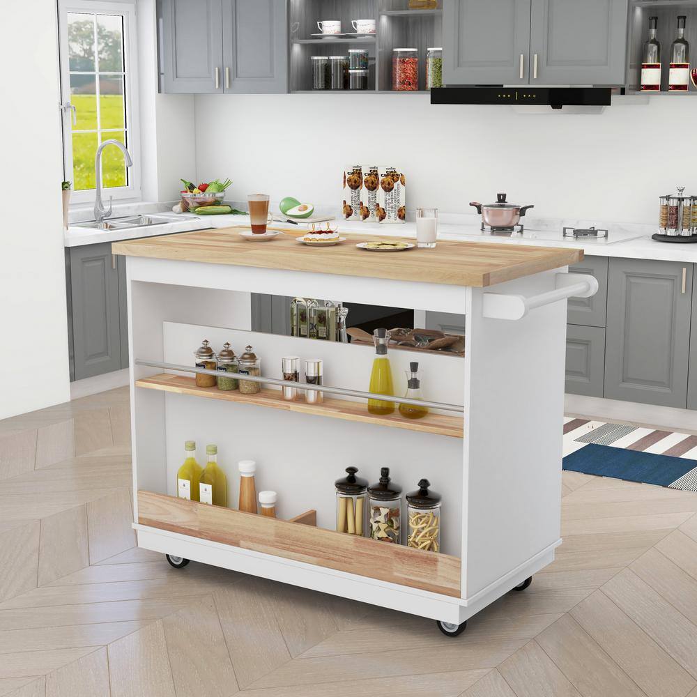 Polibi Large Storage Capacity White Kitchen Cart Rolling Mobile Kitchen Island Solid Wood Top with 2 Drawers Tableware Cabinet MB-LSCBK-W