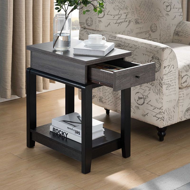 FC Design Distressed Grey and Black Chairside Table with Drawer and Open Bottom Shelf