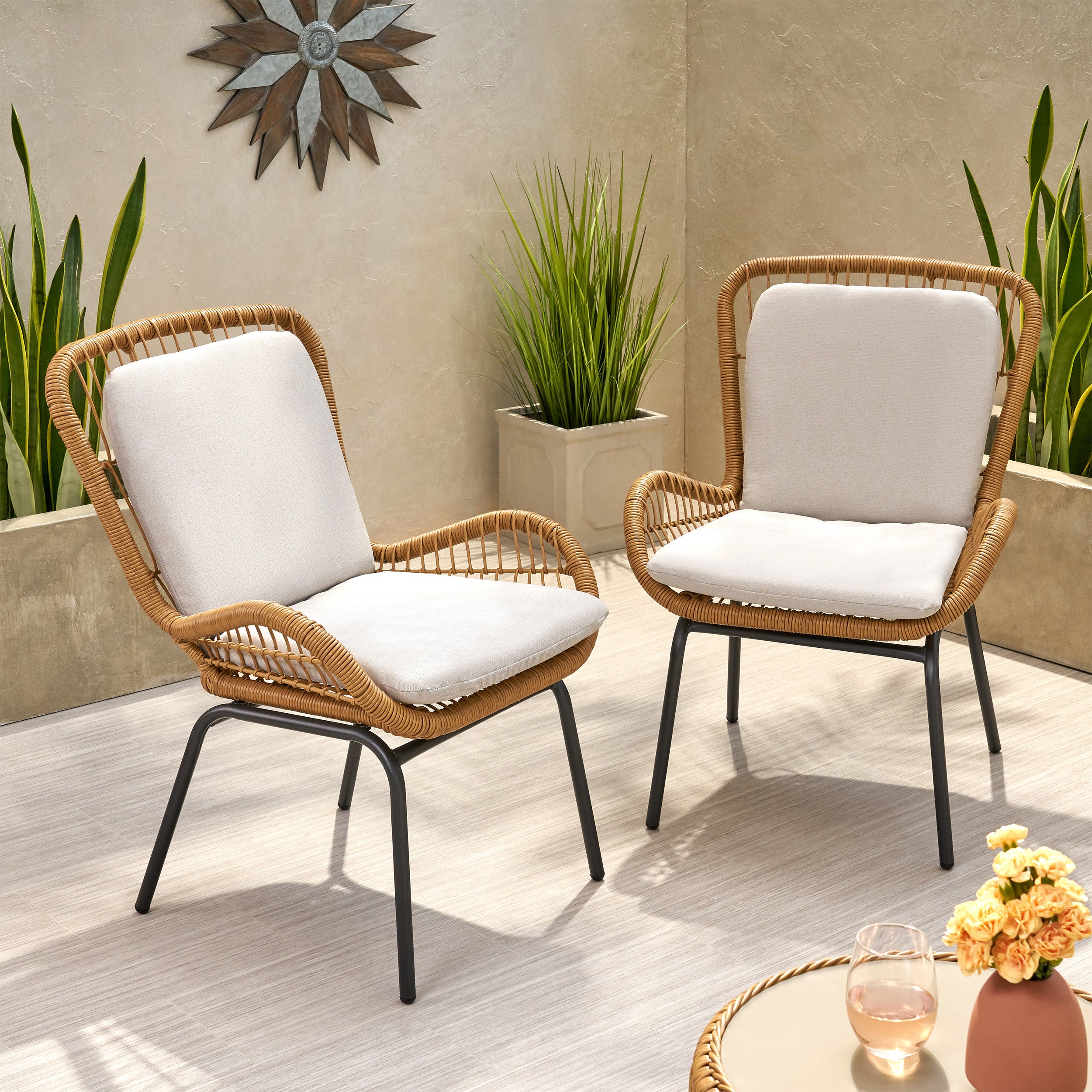 Averyrose Outdoor Wicker Club Chair with Cushions (Set of 2)