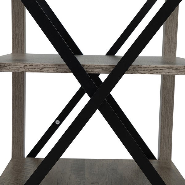 Wood End Table with 3-Tier Storage Shelves and X-Shaped Metal Support