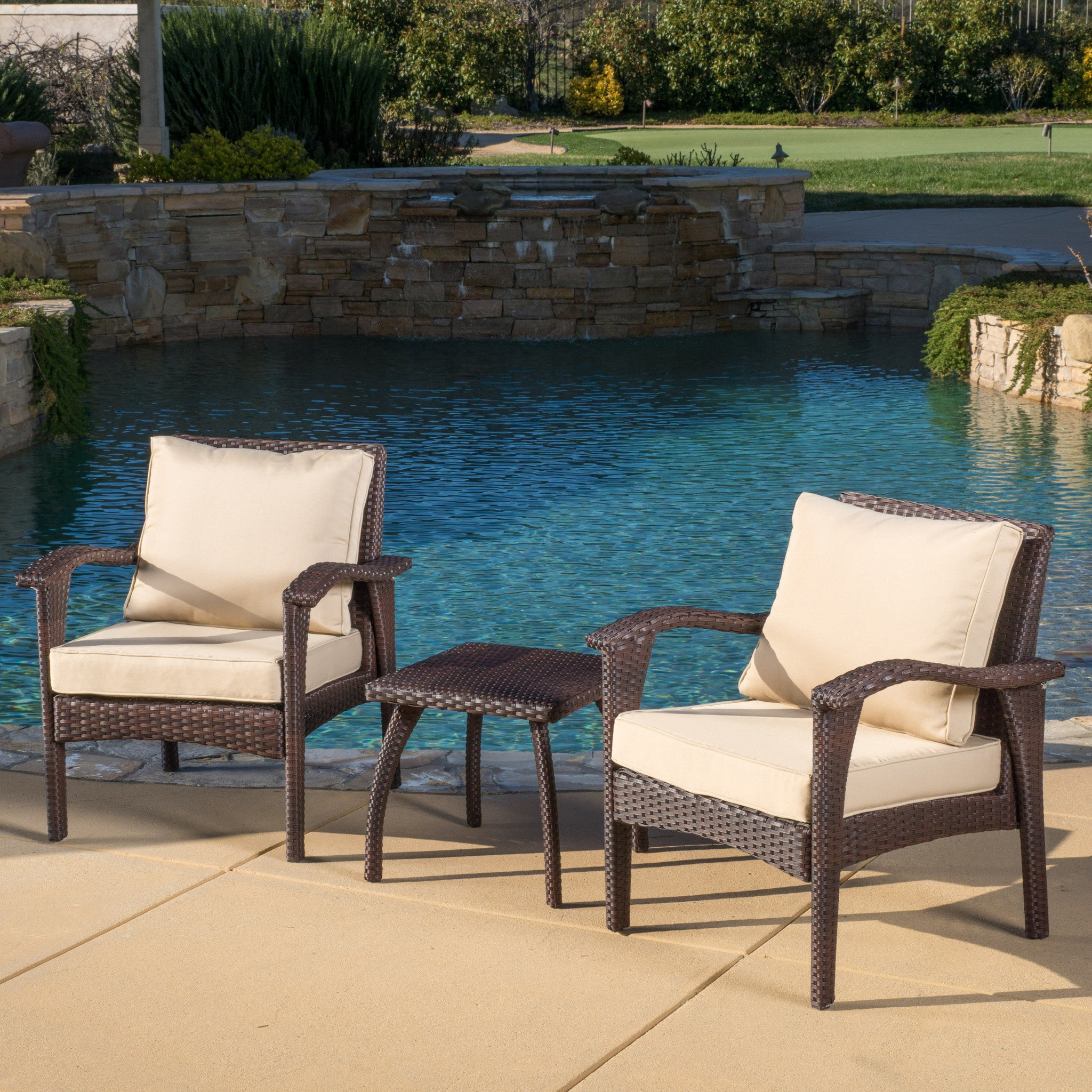 Maui Outdoor 3-piece Brown Wicker Chat Set with Cushions