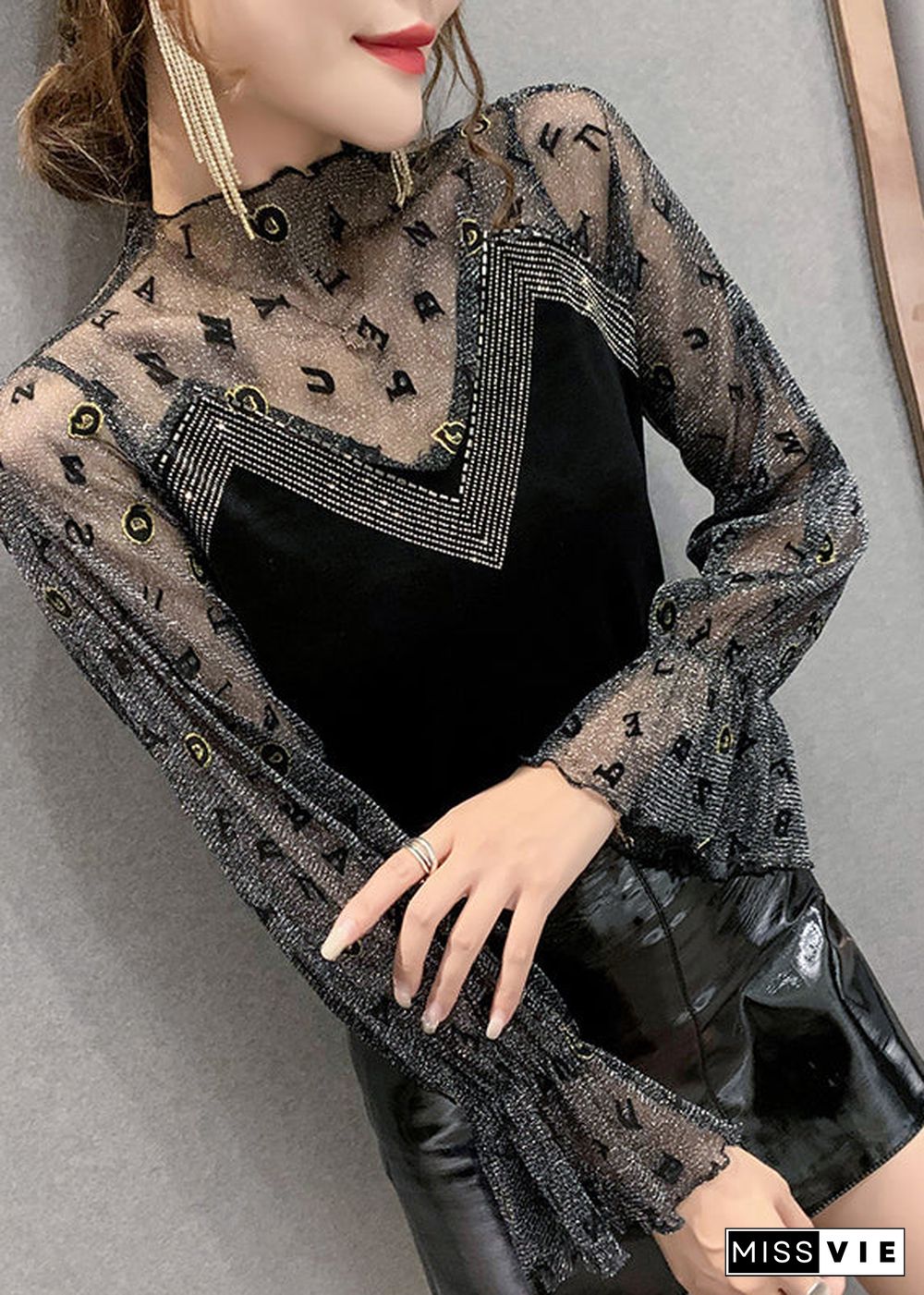 Fashion Black Turtleneck Print Wrinkled Tulle Patchwork Velour Top Bottoming Shirt