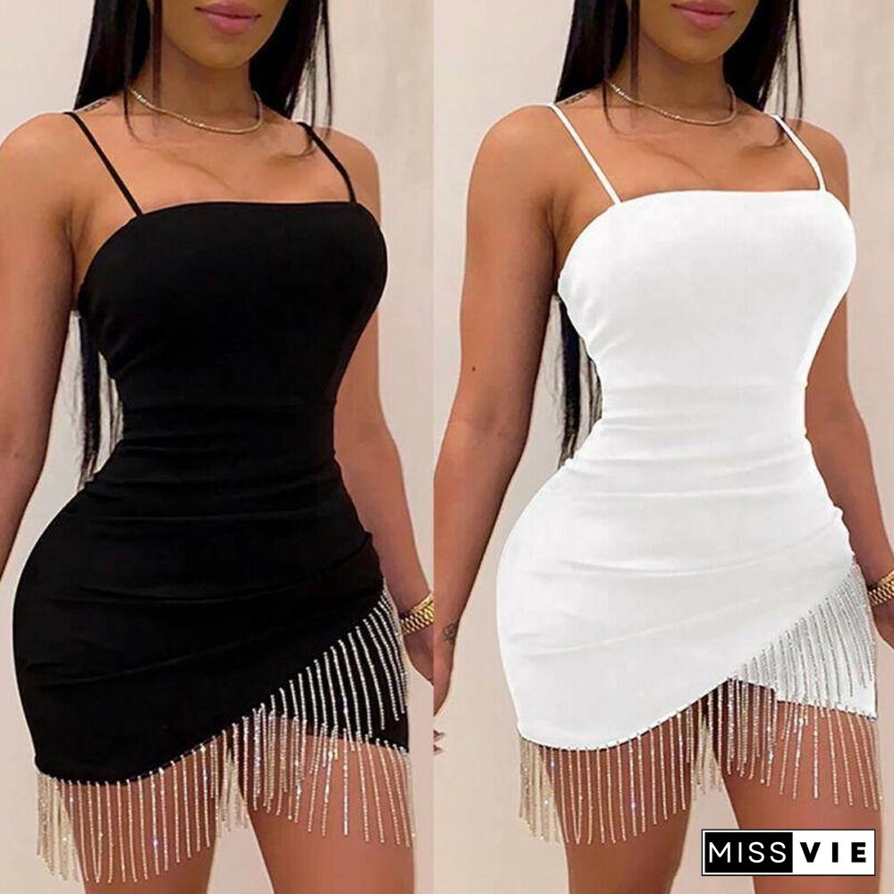 Sexy Dresses Woman Party Night Birthday Tassel Split Sleeveless Bodycon Dress Summer Elegant Suspender Short Mini Pencil Dresses