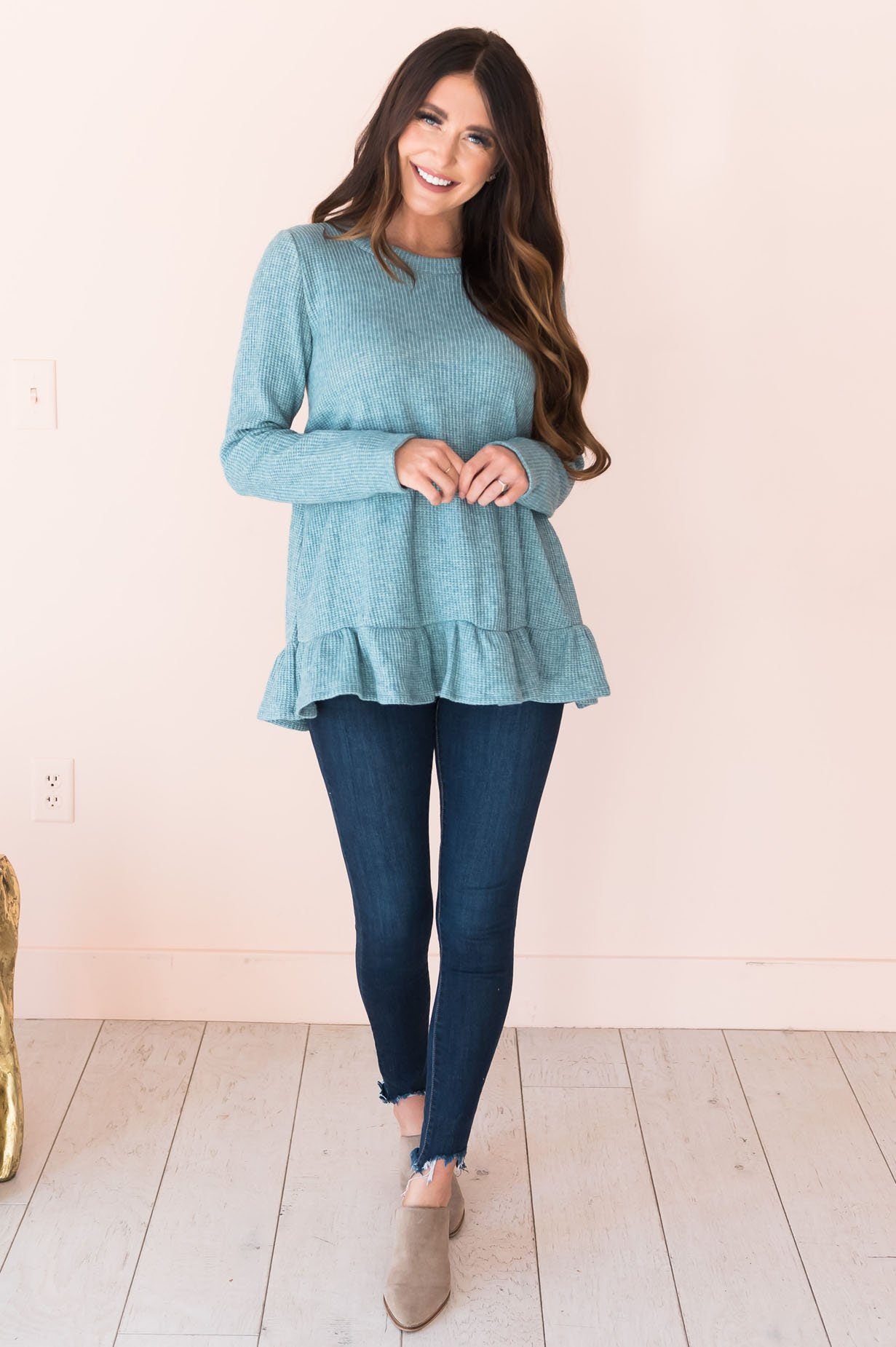 Lovely Sight Modest Ruffle Hem Top