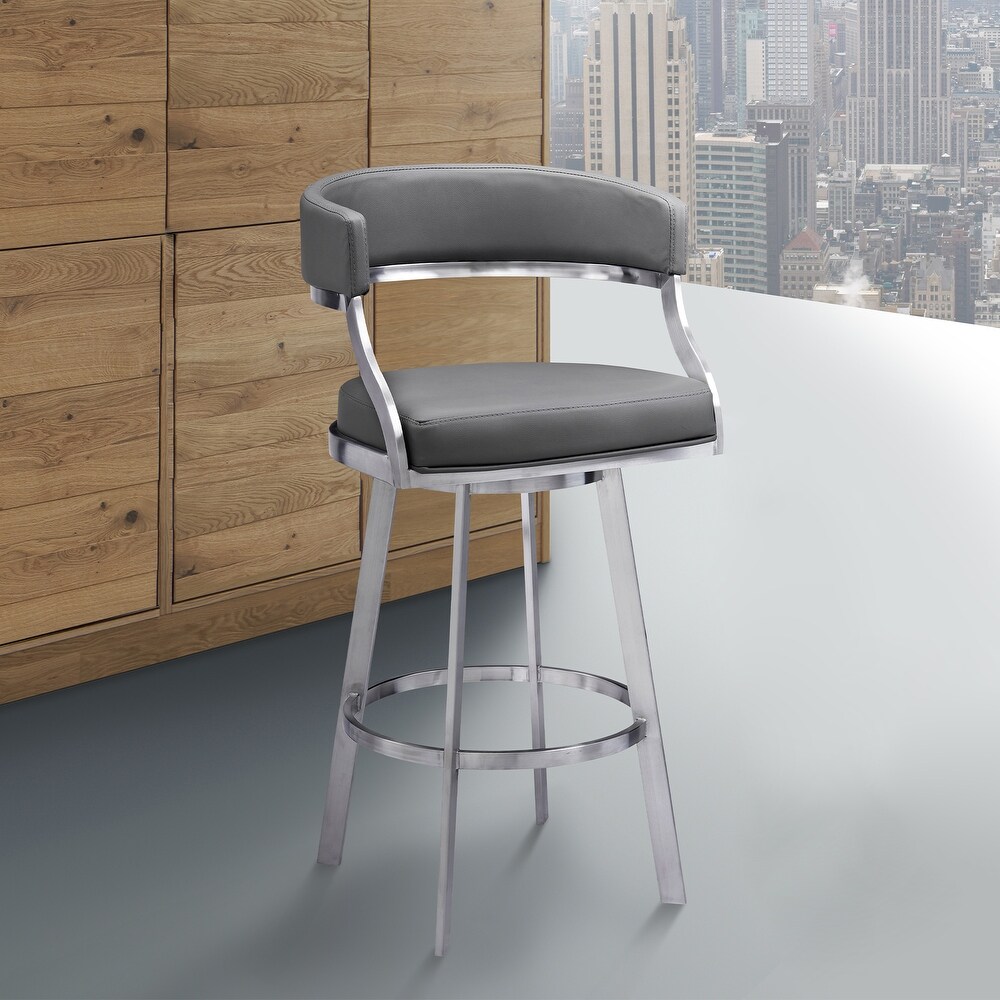 Saturn Grey Faux Leather   Brushed Stainless Steel Swivel Counter/Bar Stool