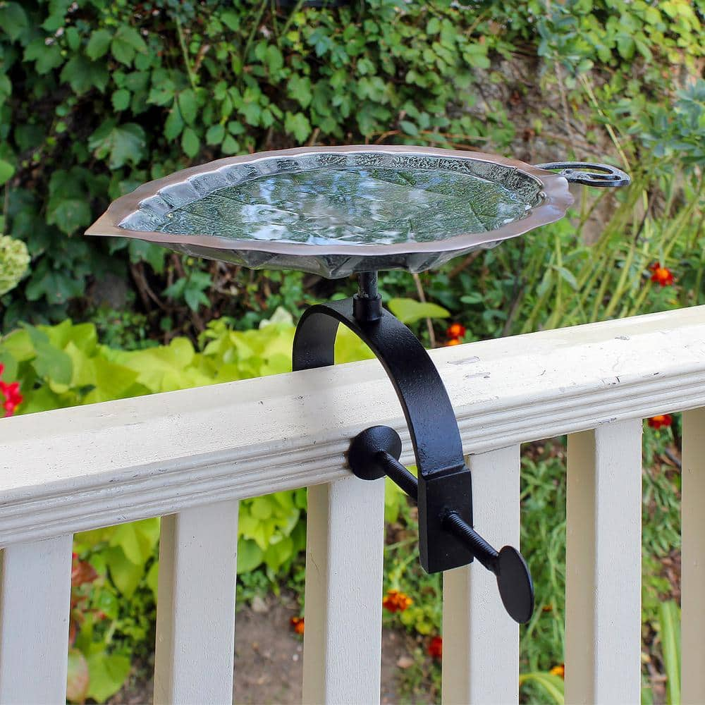 Achla Designs 17 in. Tall Antique Brass Plated Aspen Leaf Birdbath with Over Rail Bracket BB-04-OR