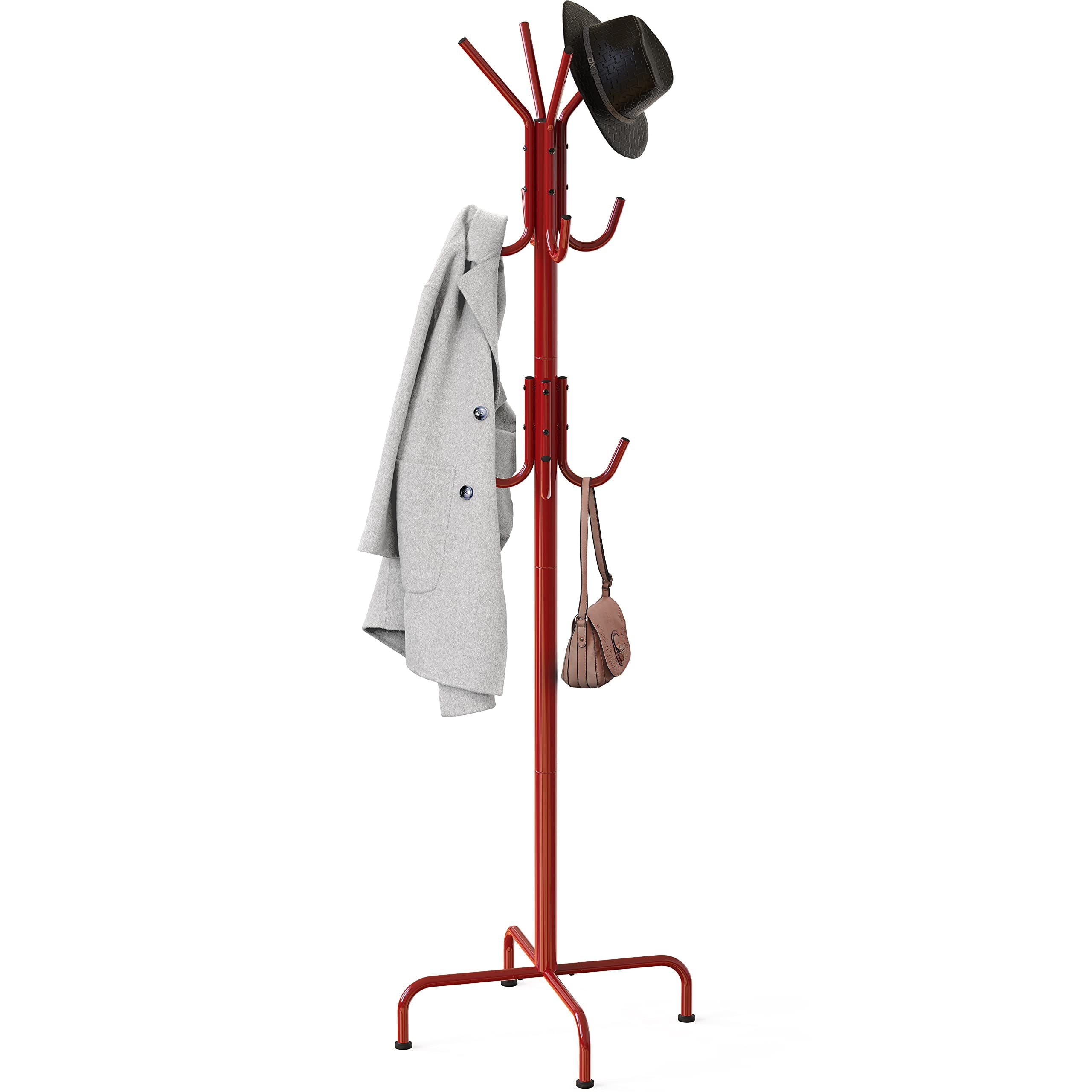 Simple Houseware Standing Coat and Hat Hanger Organizer Rack， 12 Hooks Red