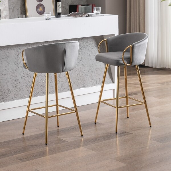 30 Inch Set of 2 Bar Stools with Chrome Footrest and Base Velvet and Golden Leg Simple Bar Stool for Kitchen