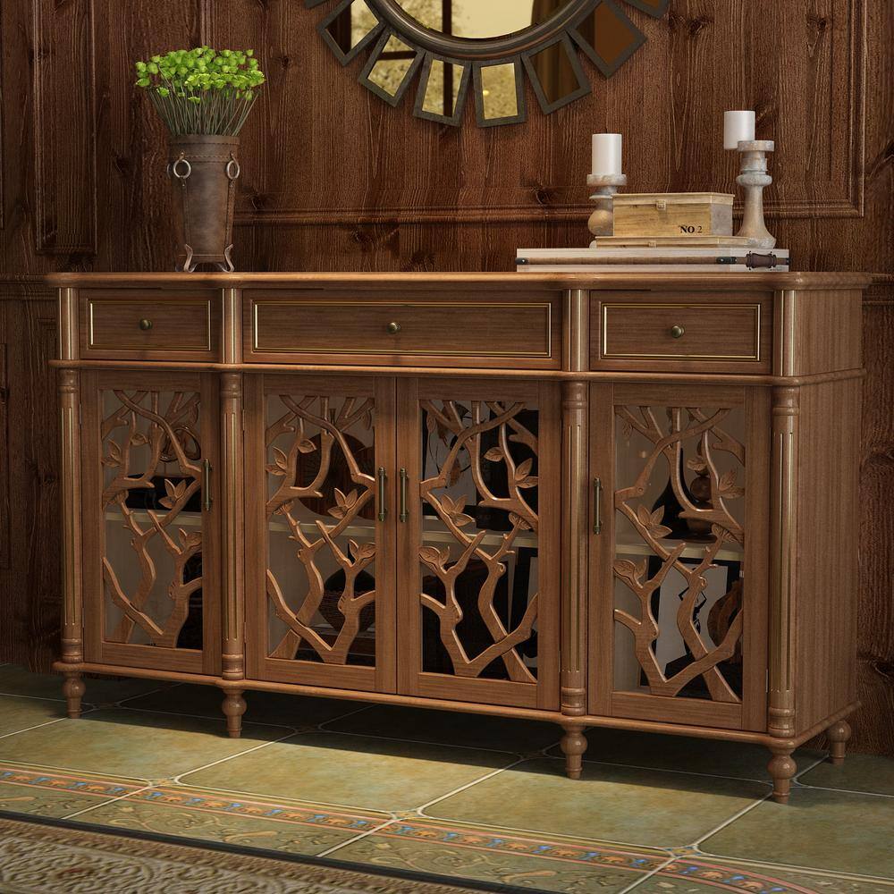 FUFUGAGA Brown Distressed Paint Finish Buffets  Sideboards Storage Cabinet with Hollow Out Carved Glass Doors and Drawers KF390002-01