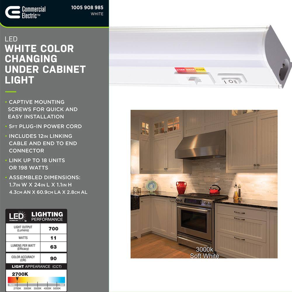 Commercial Electric Plug-In 24 inch Linkable LED  Undercabinet Light Task Under Counter Kitchen Lighting 3 Color Temperature Options 54194202