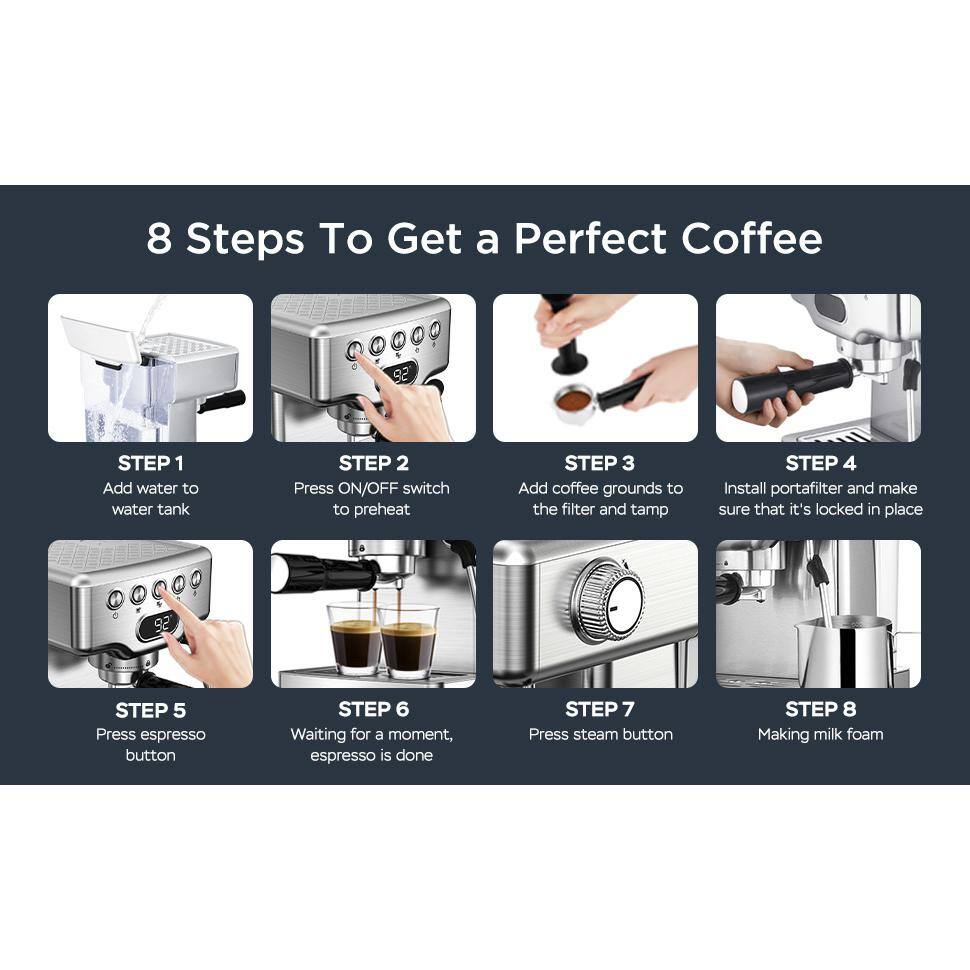 2- Cup Silver 20 Bar Espresso Machine with Milk Frother 1.8L Water Tank Stainless Steel ECF-20EGCF-GC