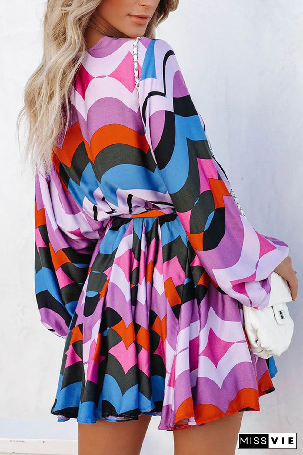 Multicolor Geometric Print Lantern Sleeves Mini Dress