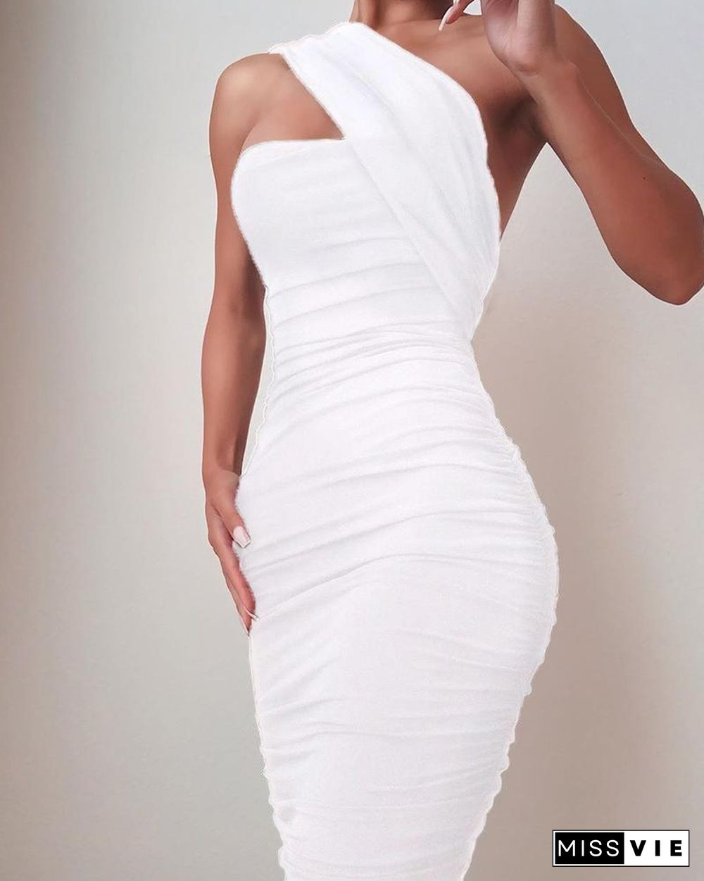 One Shoulder Sleeveless Ruched Bodycon Dress P13767