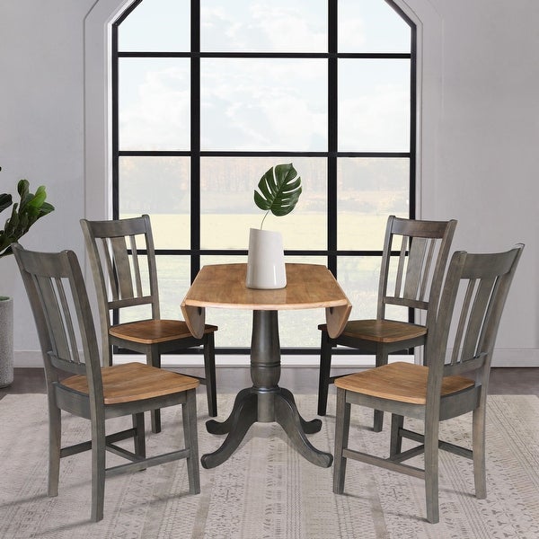 42 in. Round Dual Drop Leaf Dining Table with 4 Splatback Chairs - 5 Piece Set - Hickory/Washed Coal