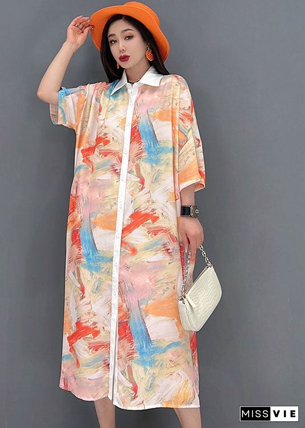 Plus Size Light Khaki Peter Pan Collar Tie Dye Print Chiffon Shirt Dresses Half Sleeve