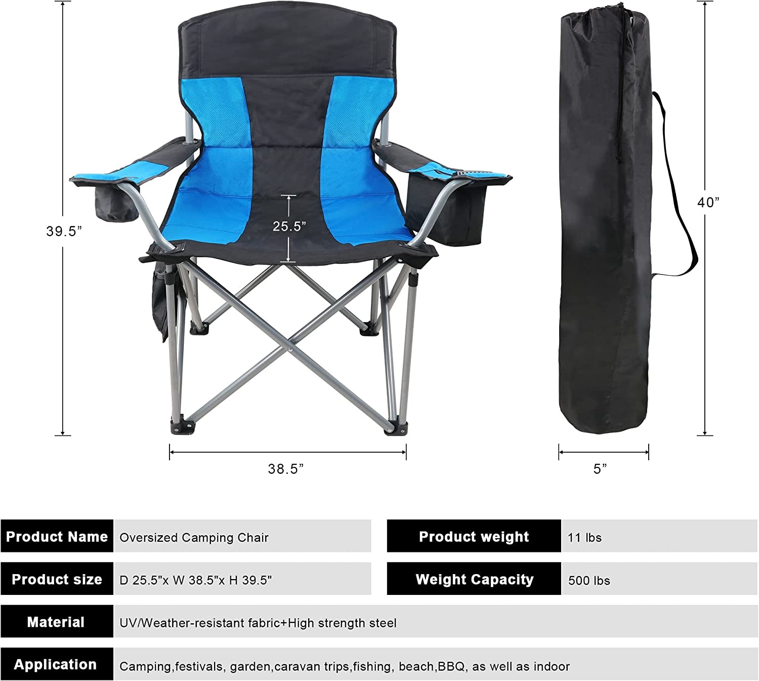 Beach Chair for Adults， Oversized Camping Chair 500lb， Folding Chair for Outside， Heavy Duty Portable Chair with Armrest， Cooler Bag， Side Pocket， Cup Holder， Outdoor Folding Camping Chair