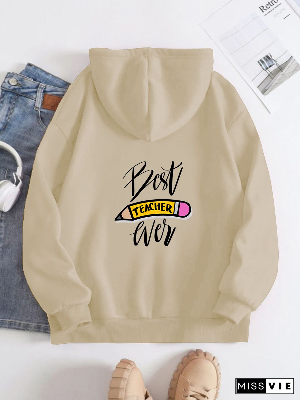 Printed on the Back Kangaroo Pocket Hoodie Long Sleeve for Women Pattern Teacher's Day greetings