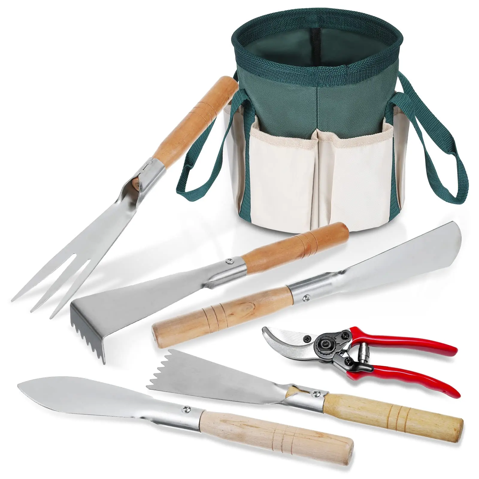 7 Piece Stainless Steel Heavy Duty Gardening Tools Set Wood Handle Gardening Hand Tools kit Garden Tool Set with Bag