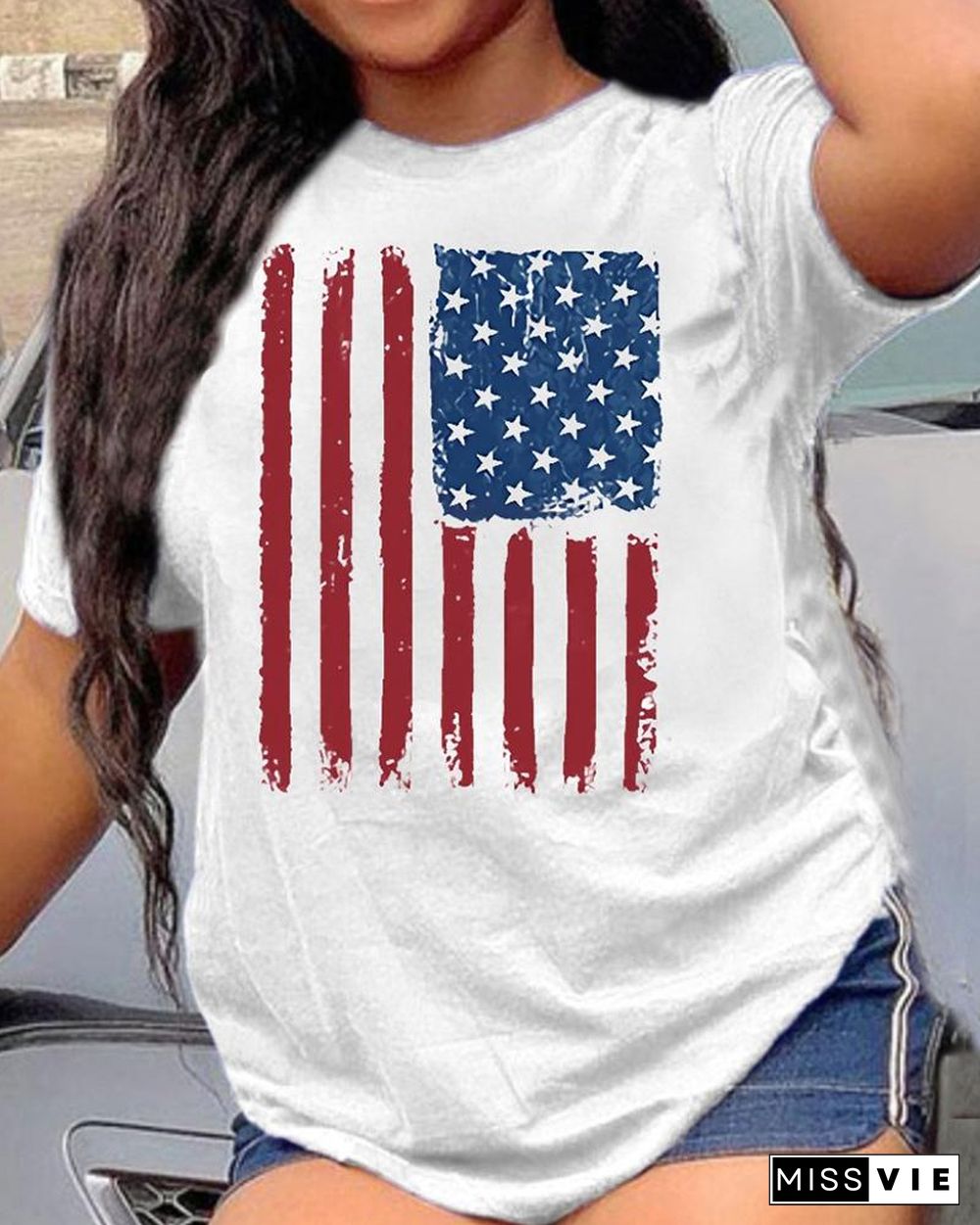 American Flag Print Round Neck Short Sleeve Tee