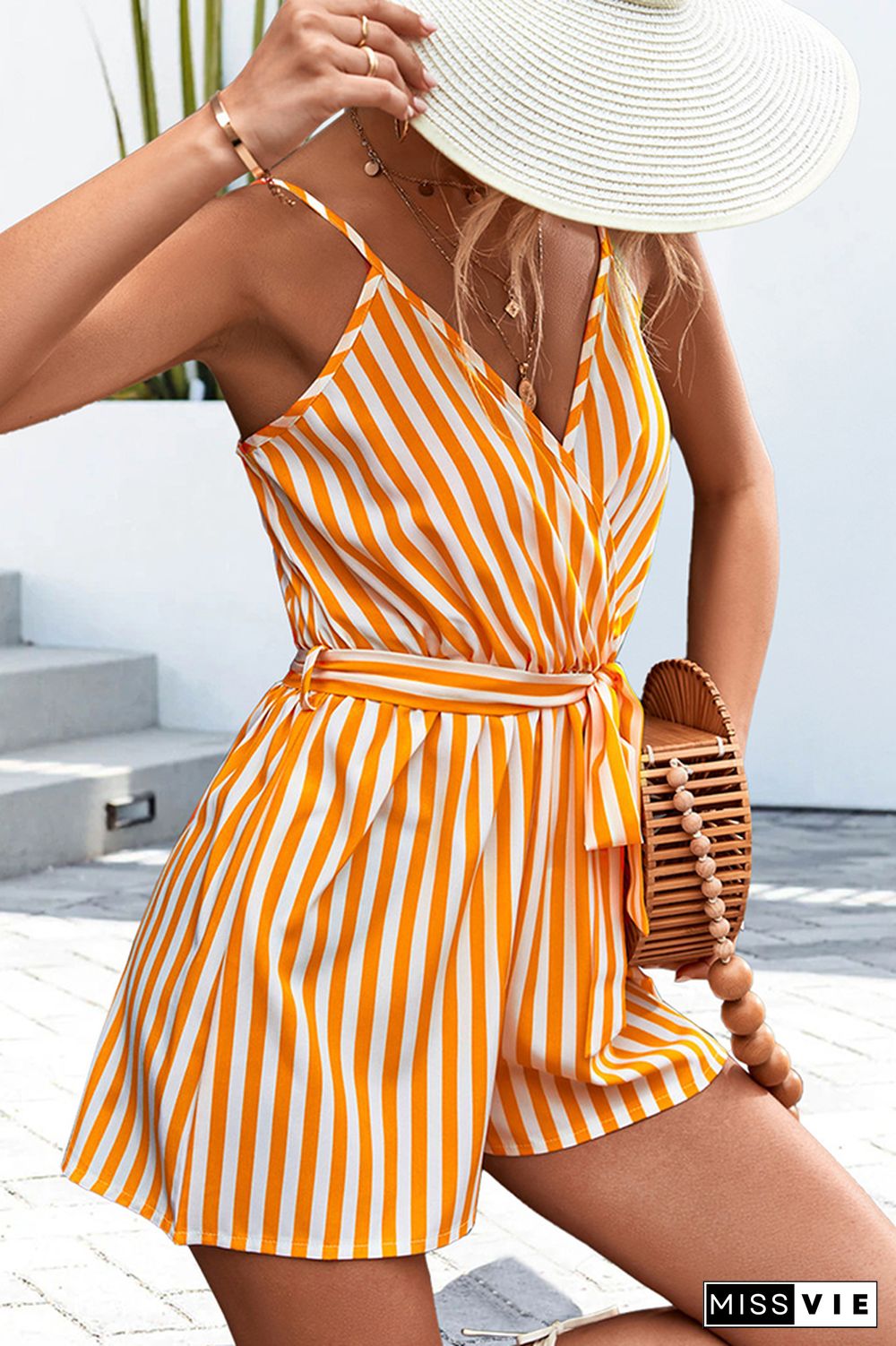 Wrap V Neck Striped Waistband Cami Rompers