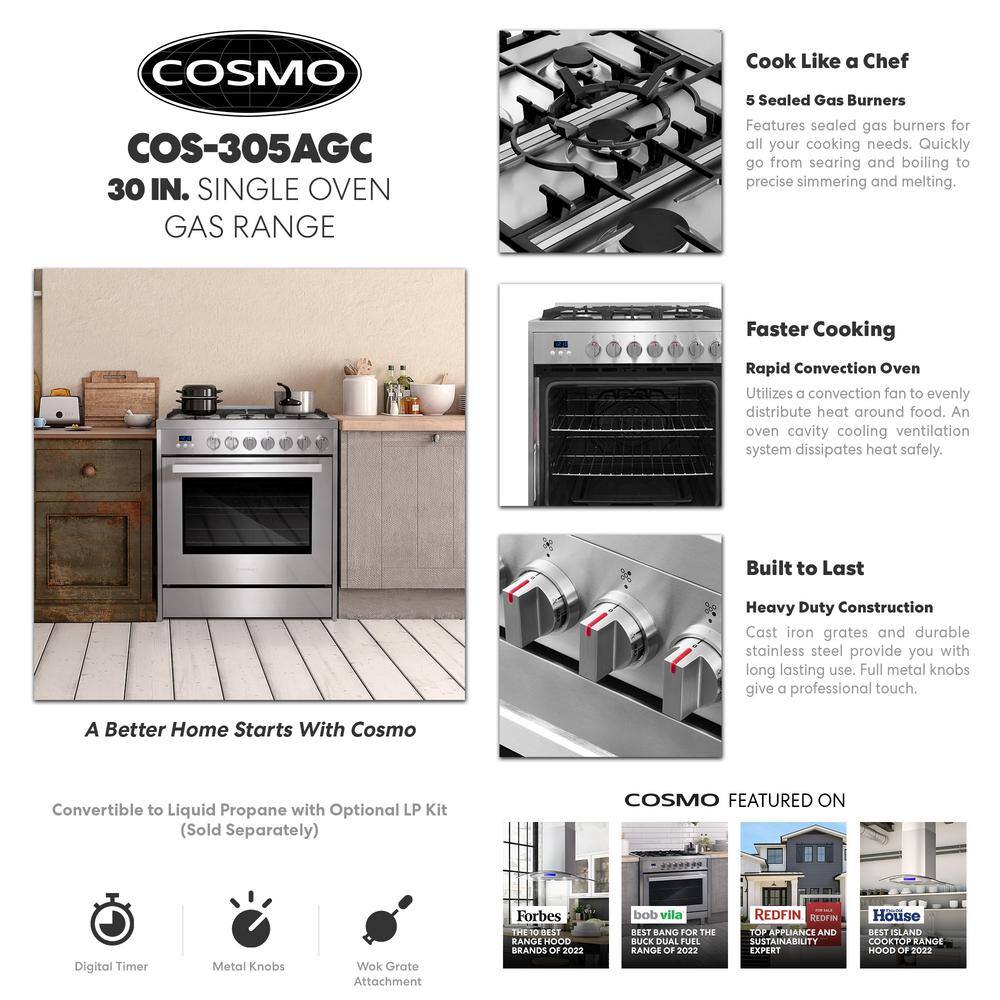 Cosmo 30 in. 5.0 cu. ft. Single Oven Gas Range with 5 Burner Cooktop and Heavy Duty Cast Iron Grates in Stainless Steel COS-305AGC