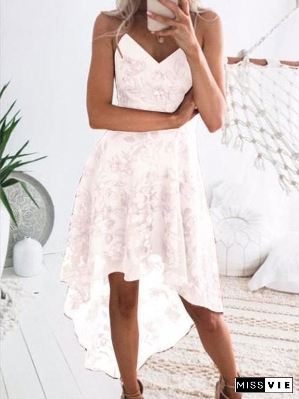 Deep V Neck Plain Lace Hollow Asymmetrical Dress