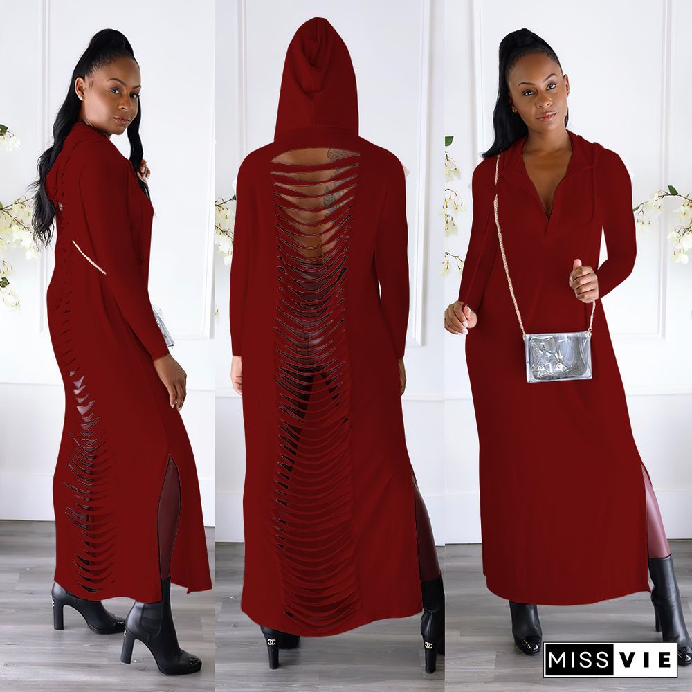 Solid Long Sleeve Back Hole Hooded Dress