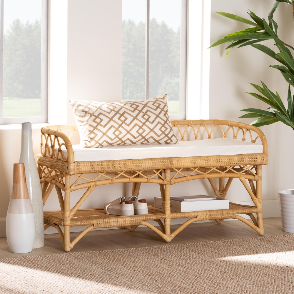 Leryn Modern Bohemian Natural Brown Rattan Bench