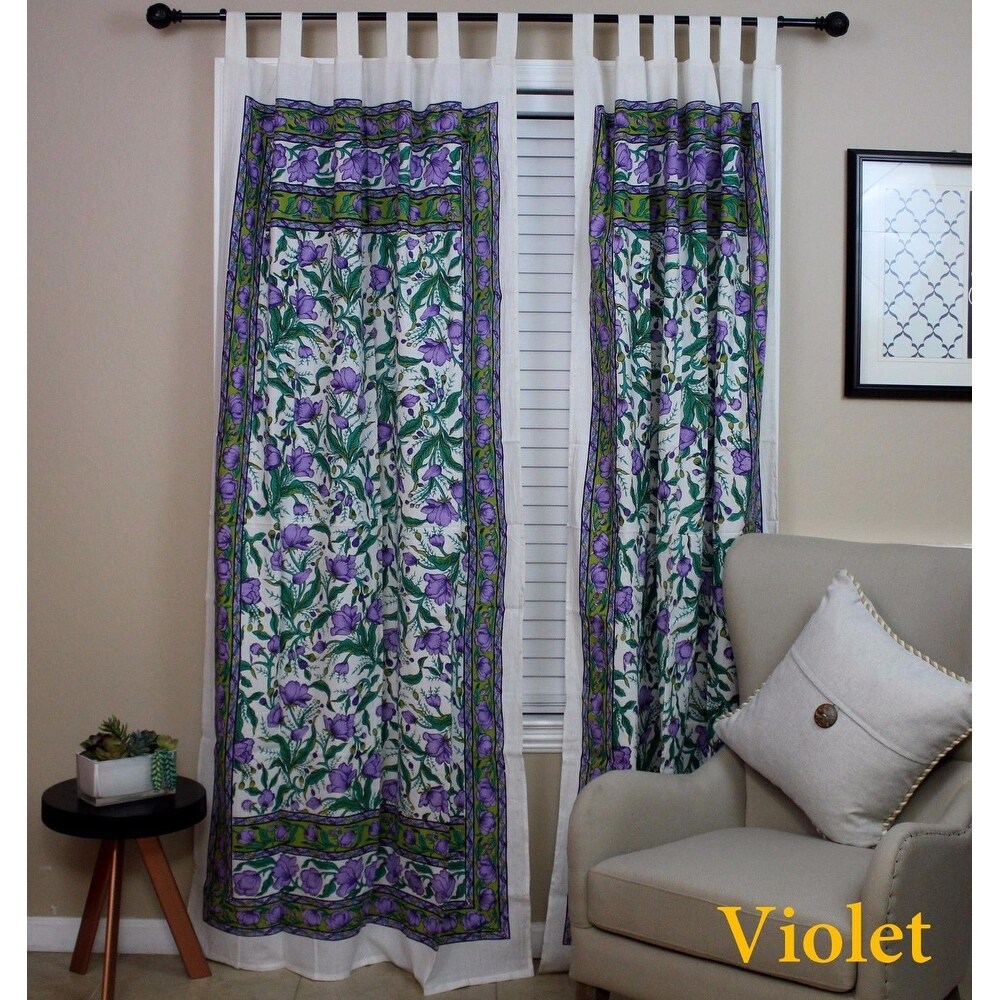 Handmade French Floral Tab Top Curtain 100% Cotton Drape Door Panel in Ivory Blue Black Amber   Violet   44 x 88