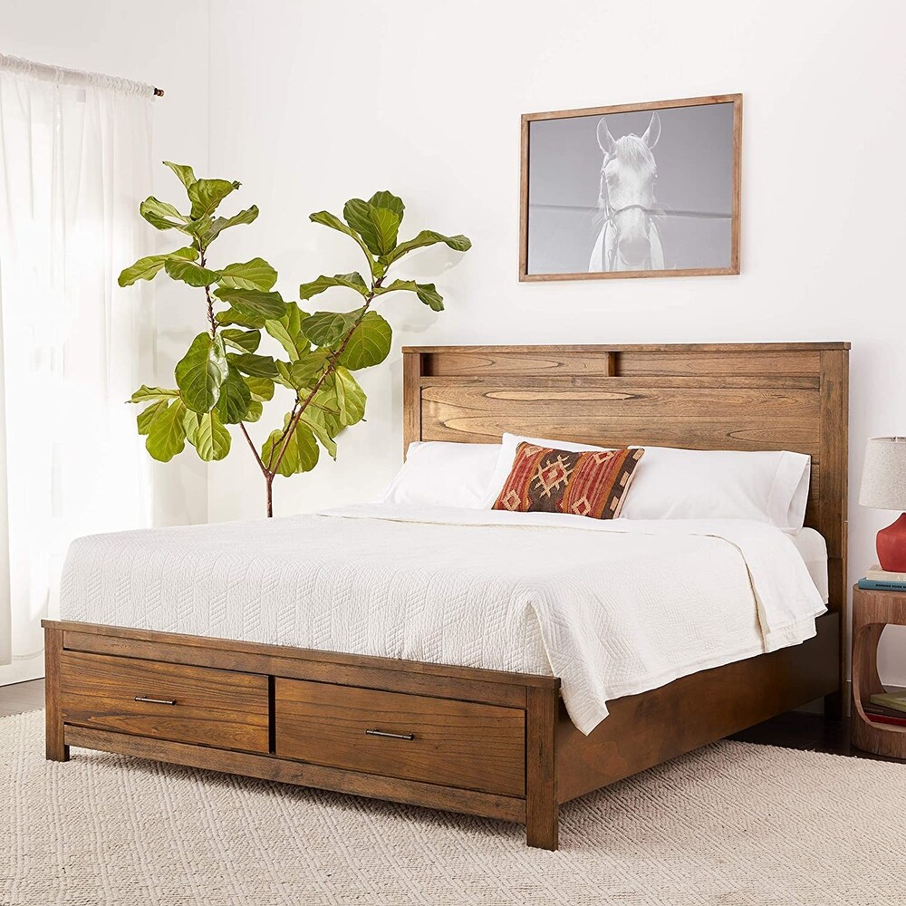 Transitional Style Oak Queen Bed with Storage   Spacious Storage in Headboard and Footboard