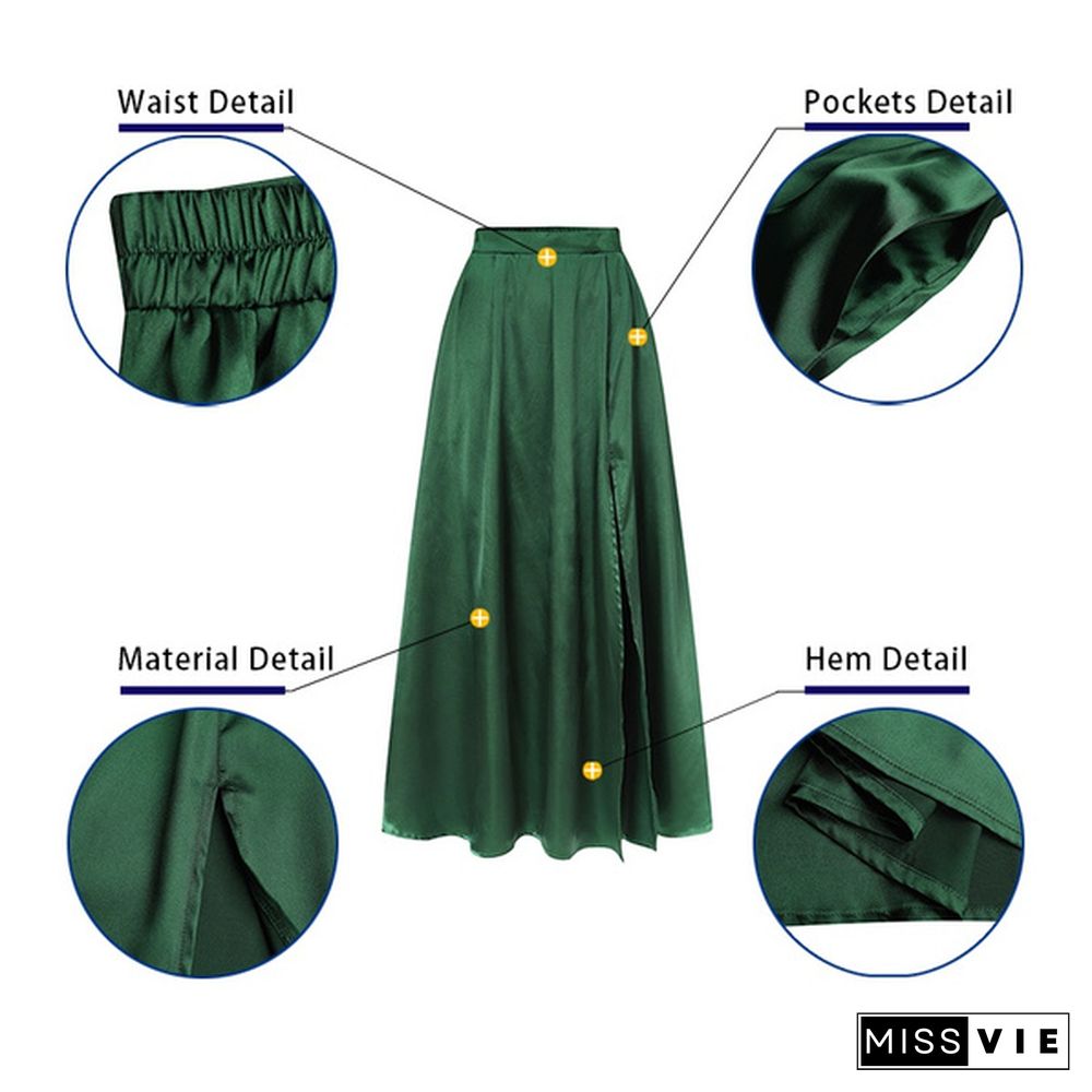 Women Elastic High Waist Split Hem Long Skirt Stain Solid Color Pleated Loose Party Beach Umbrella Skirt Plus Size