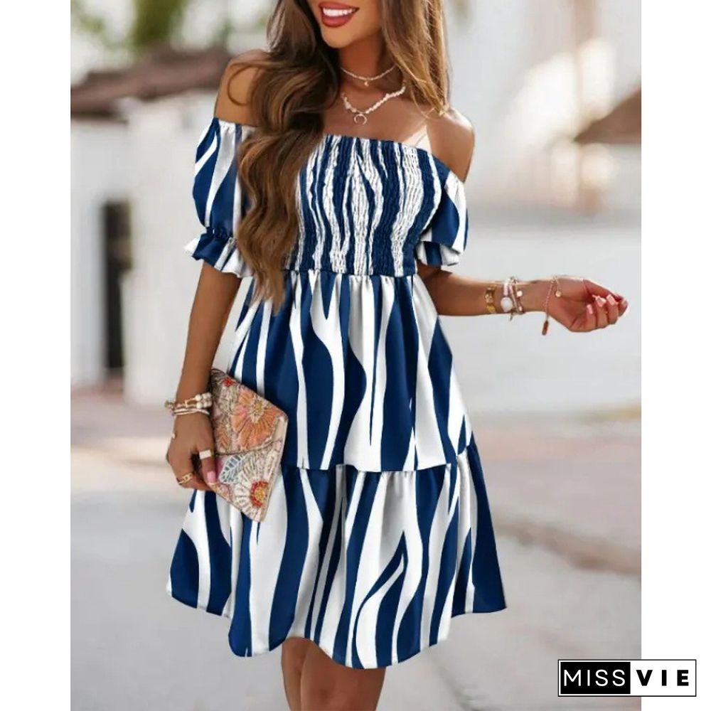 Summer Boho Beach Dress Women Short Sleeve Neck Waist Pleated Print Dress Vestidos De Mujer