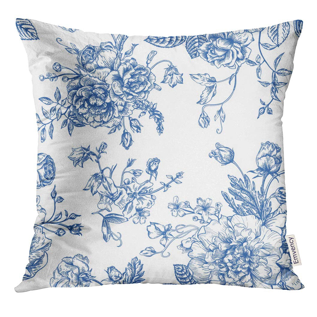 STOAG Floral Vintage Pattern with Bouquet of Blue Flowers on White Peonies Roses Sweet Peas Bell Monochrome Throw Pillowcase Cushion Case Cover 16x16 inch