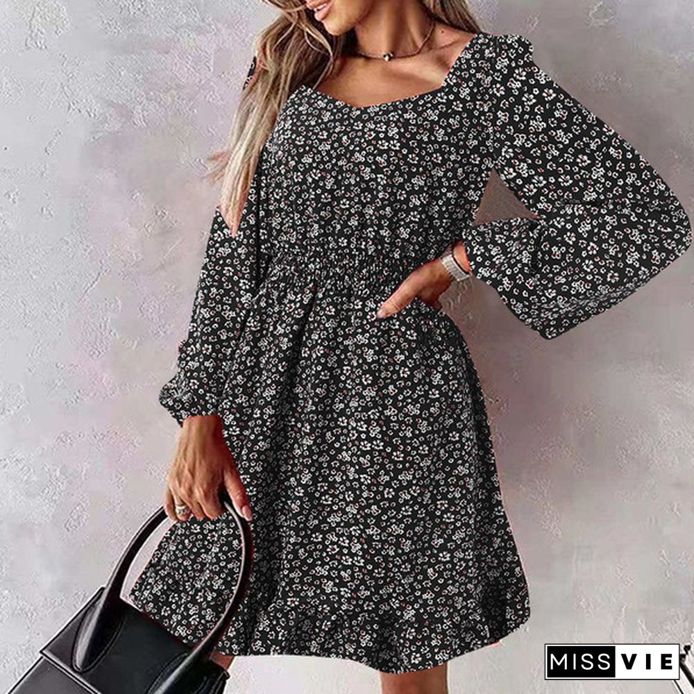 Spring Autumn Women Floral Print Mini Dress Puff Long Sleeve Square Neck Ruffled Hem Party Casual Pleated Short Dress Plus Size